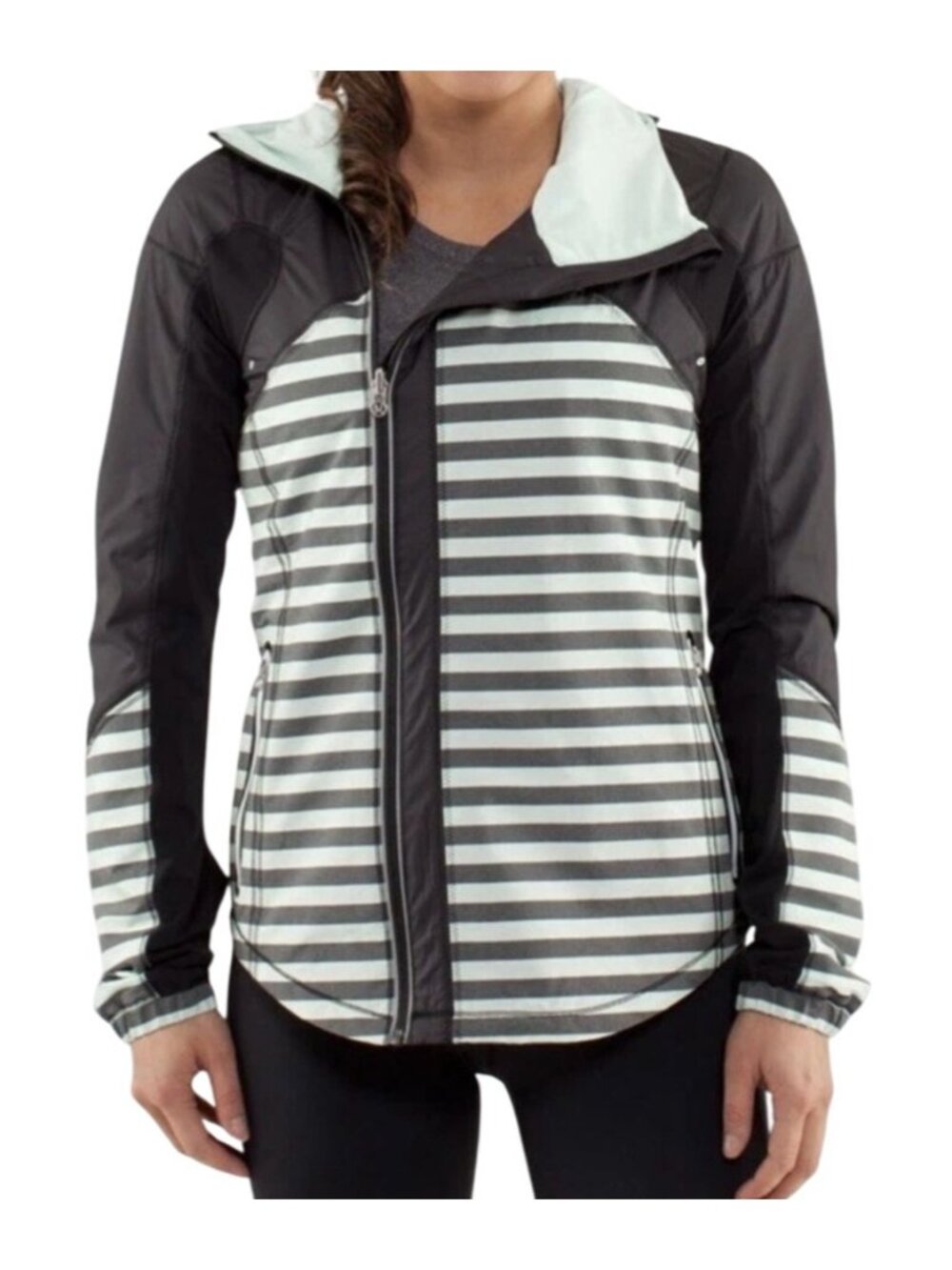 Lululemon Get Up And Glow Jacket Size 8 Mint Green & Black Stripes Reflective